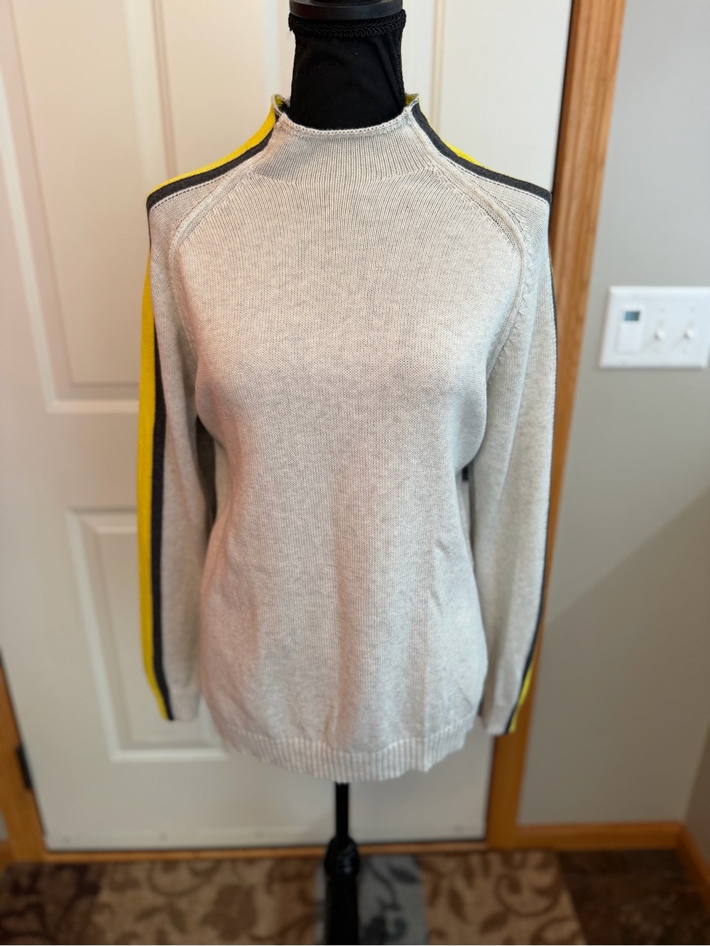 Zaket & Plover oat & gray cotton cashmere playful funnel neck sweater. Medium